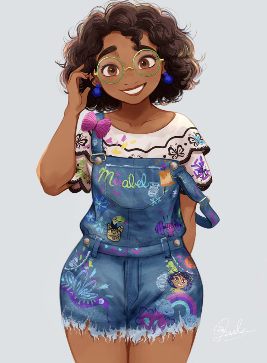 1girl, alternate_costume, arm_behind_back, blue_overalls, brown_eyes, brown_hair, commentary_request, cowboy_shot