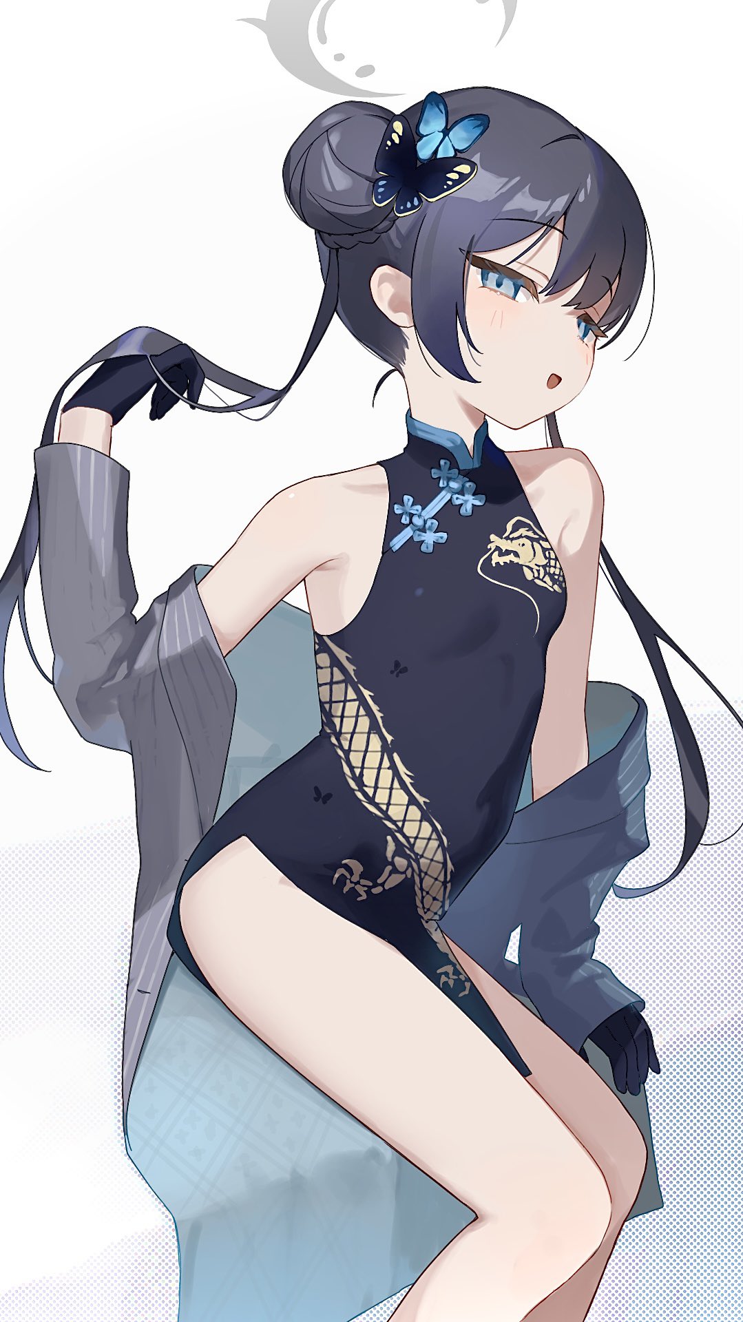 1girl, bare_shoulders, black_dress, black_gloves, black_hair, blue_archive, blue_eyes, braid