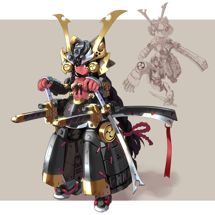 armor, braid, brown_hair, demon_girl, helmet, kabuto, katahira_masashi, katana
