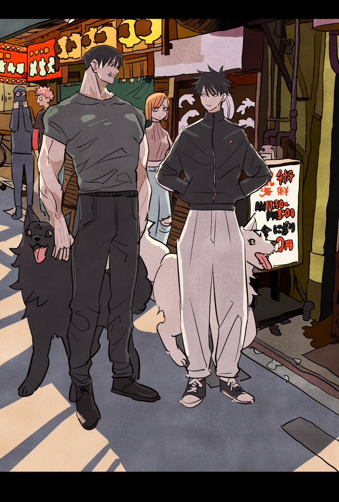 1girl, 4boys, black_hair, commentary_request, dog, facial_mark, full_body, fushiguro_megumi