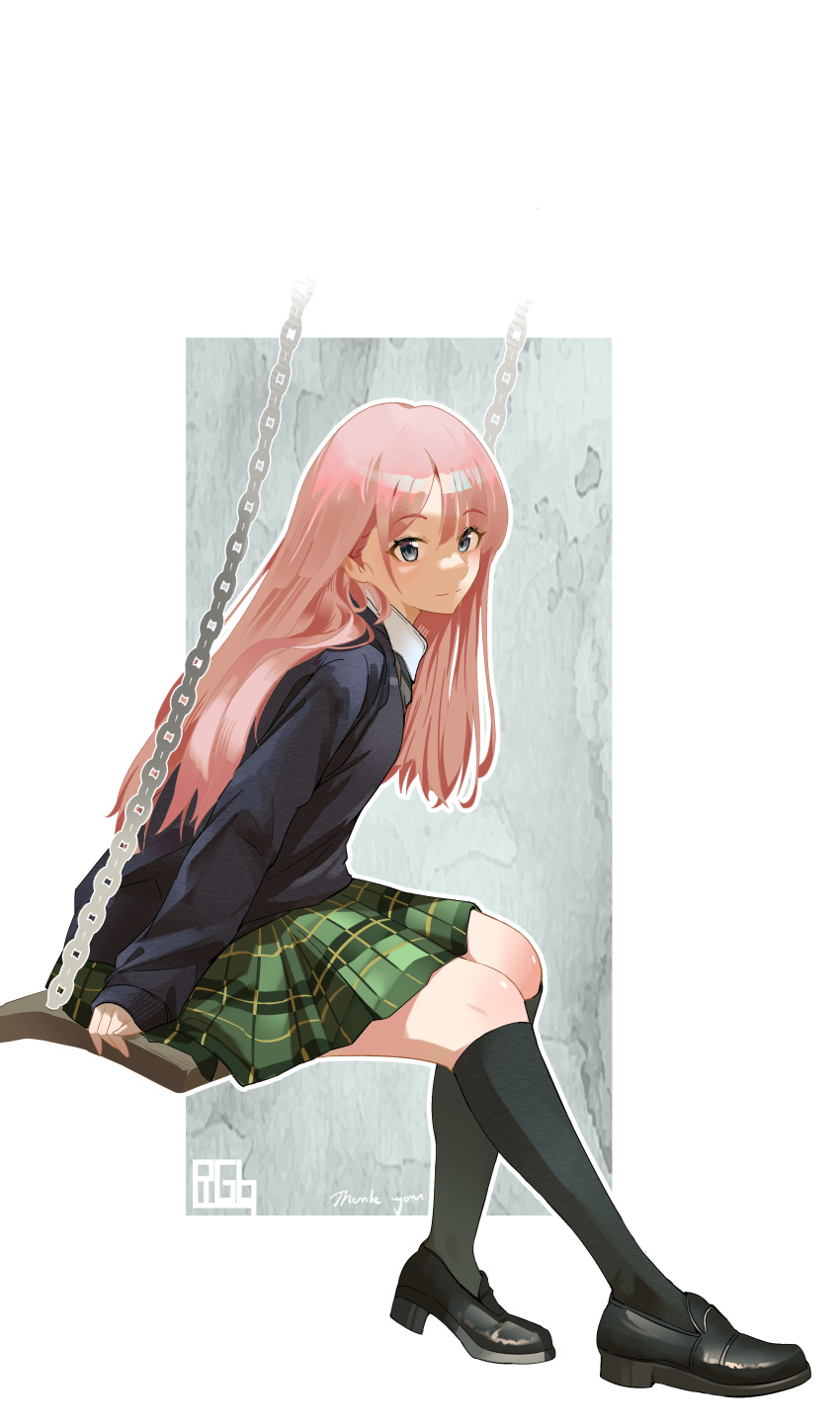 1girl, absurdres, bang_dream!, bang_dream!_it's_mygo!!!!!, black_footwear, black_socks, black_sweater, chihaya_anon, collared_shirt, commentary, green_skirt, grey_eyes, haneoka_school_uniform, highres, kmkk, kneehighs, long_hair, looking_at_viewer, pink_hair, plaid_clothes, plaid_skirt, pleated_skirt, school_uniform, shirt, skirt, socks, solo, sweater, swing, white_shirt