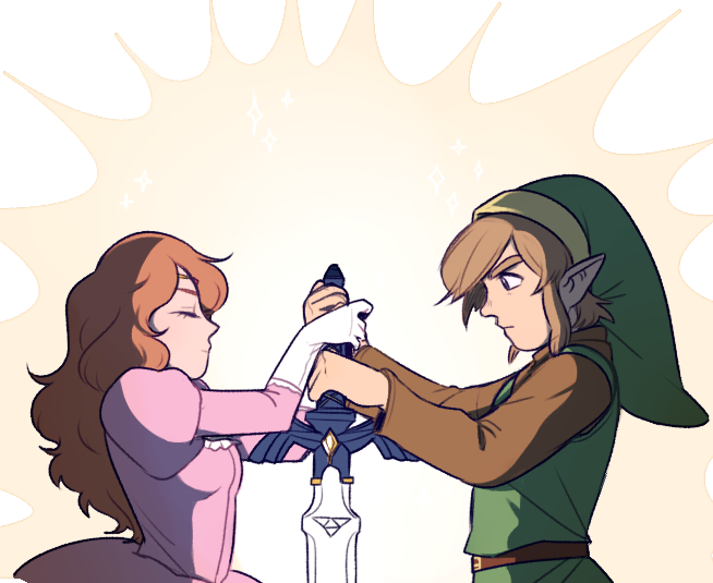 2girls, brown_hair, commentary, dress, gloves, glowing, green_hat, green_tunic