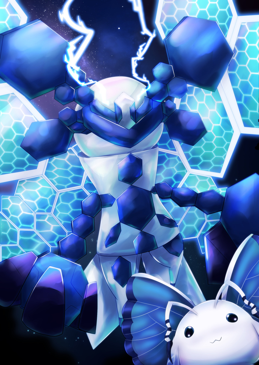:3, absurdres, armor, black_eyes, blue_visor, blue_wings, butterfly_wings, colored_skin, digimon, digimon_(creature), electricity, eosmon_adult, full_body, head_wings, hexagon, highres, insect_wings, lastunicorninoz, looking_at_viewer, mechanical_wings, morphomon, nebula, no_humans, non-humanoid_robot, robot, smile, solid_circle_eyes, space, star_(sky), white_armor, white_skin, wings
