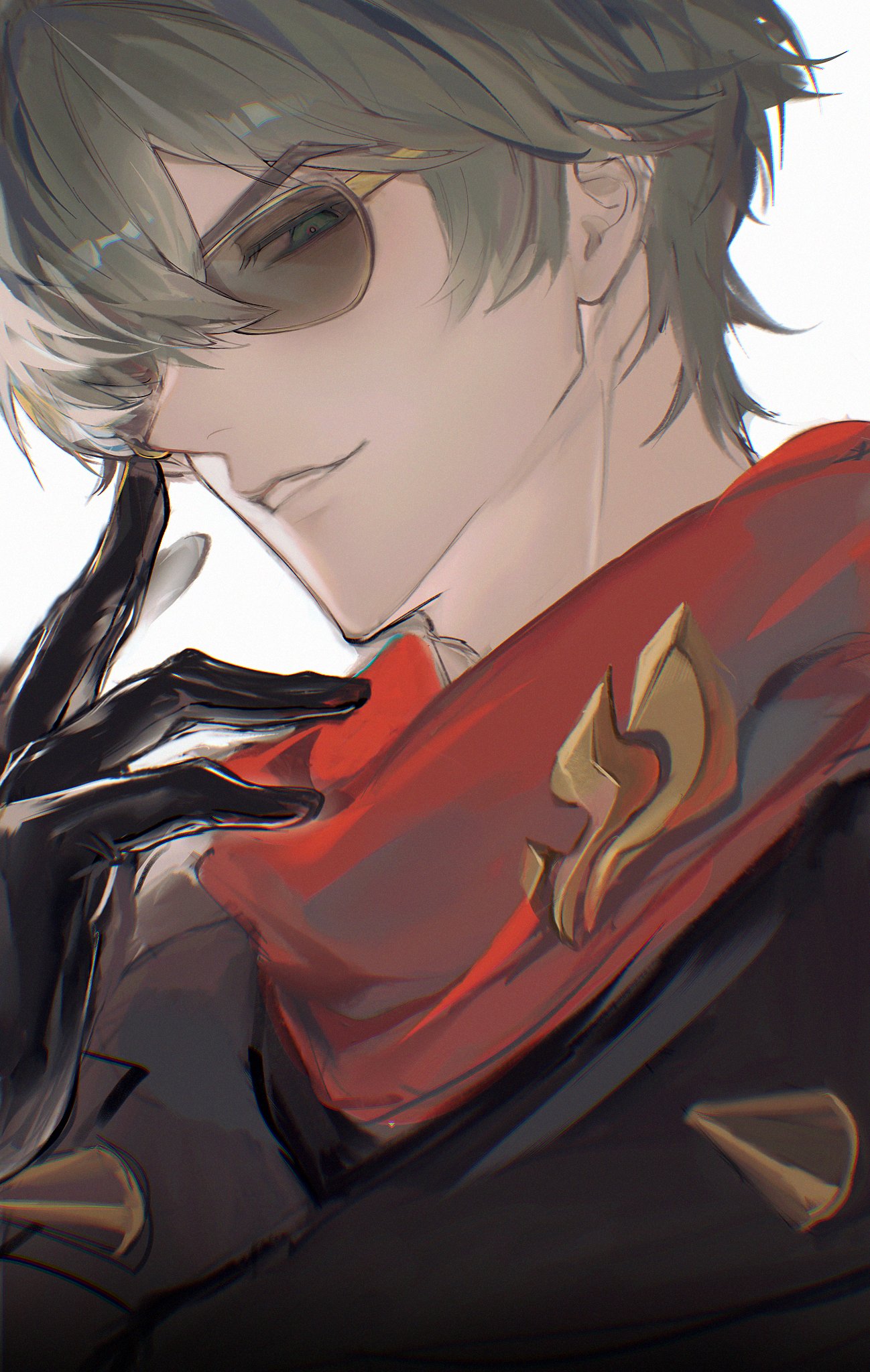 1boy, adjusting_eyewear, arm_up, black_gloves, black_jacket, commentary, finger_to_face, gloves