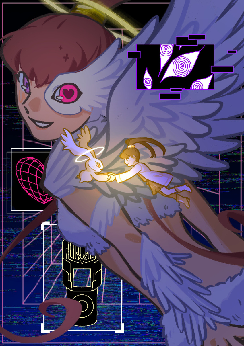 2girls, absurdres, amano_nene_(digimon_xros_wars), angel_wings, asymmetrical_eyes, back, brown_hair, crop_top