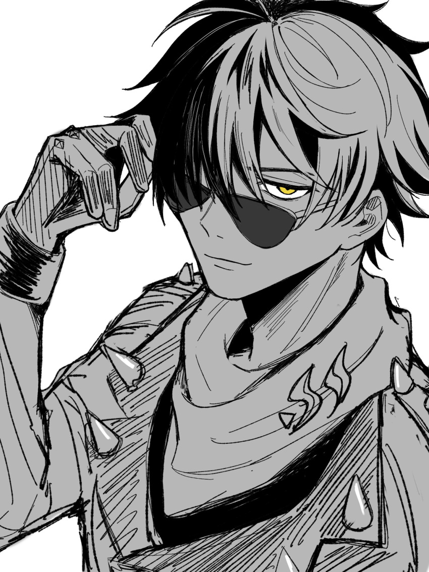1boy, adjusting_eyewear, arm_up, gloves, greyscale, hair_over_one_eye, highres, jacket