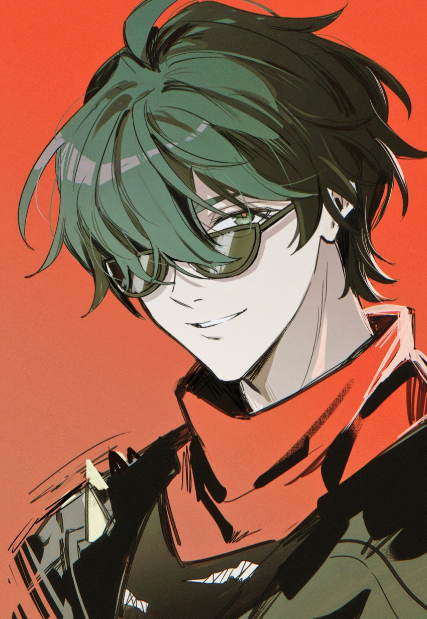 1boy, glasses, green_eyes, green_hair, hair_between_eyes, hair_over_one_eye, highres, lighter_(zenless_zone_zero)