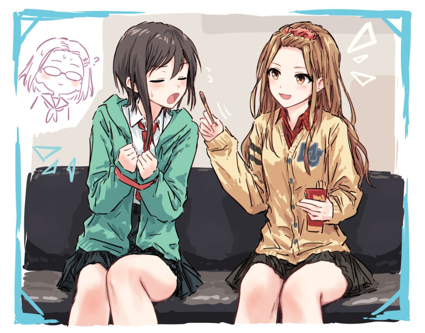 3girls, :d, :o, ?, aihara_miu, bangs_pinned_back, black_hair, black_skirt, blush, border, brown_hair, bullfalk, cardigan, character_request, check_character, clenched_hands, closed_eyes, collared_shirt, couch, dress_shirt, feeding, feet_out_of_frame, food, green_jacket, hair_between_eyes, holding, holding_food, jacket, katsuragi_kazumi, kuonji_shizuka, long_hair, long_sidelocks, long_sleeves, looking_at_another, miniskirt, multiple_girls, neckerchief, necktie, on_couch, open_clothes, open_jacket, open_mouth, partially_colored, plaid_clothes, plaid_shirt, pleated_skirt, pocky, red_necktie, red_shirt, sailor_collar, shirt, short_hair, short_hair_with_long_locks, sidelocks, single_sidelock, sitting, skirt, sleeves_past_wrists, smile, sweat, tokyo_7th_sisters, white_border, white_shirt, yellow_cardigan