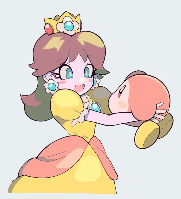 1girl, black_eyes, blue_eyes, brown_hair, colored_skin, crown, dress, earrings, flower_earrings, gloves, grey_background, holding, jewelry, kirby_(series), long_hair, multicolored_skin, ni_re, open_mouth, orange_dress, orange_skin, princess_daisy, puffy_short_sleeves, puffy_sleeves, short_sleeves, simple_background, smile, super_mario_bros., two-tone_skin, waddle_dee, white_gloves