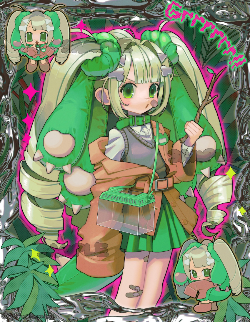 1girl, 2000s_(style), :o, animal_collar, bandaid, bandaid_on_face, blush, bone_hair_ornament