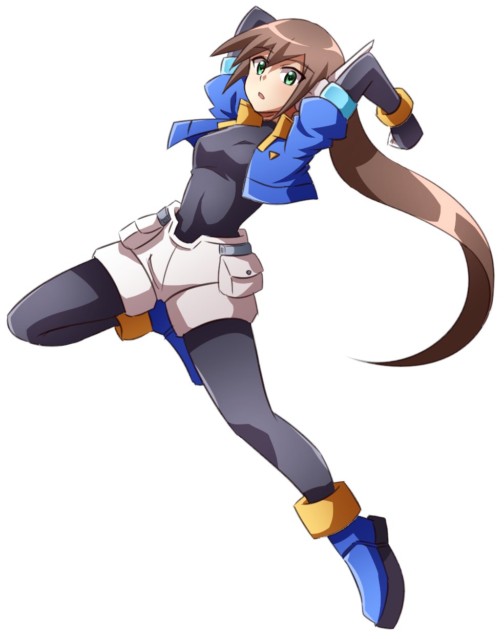1girl, aile_(mega_man_zx), black_bodysuit, blue_jacket, bodysuit, bodysuit_under_clothes, breasts, brown_hair, cropped_jacket, full_body, gloves, green_eyes, highres, jacket, long_hair, looking_at_viewer, mega_man_(series), mega_man_zx, mega_man_zx_advent, open_mouth, ponytail, robot_ears, ryona_gentleman, shorts, simple_background, solo, white_background, white_shorts