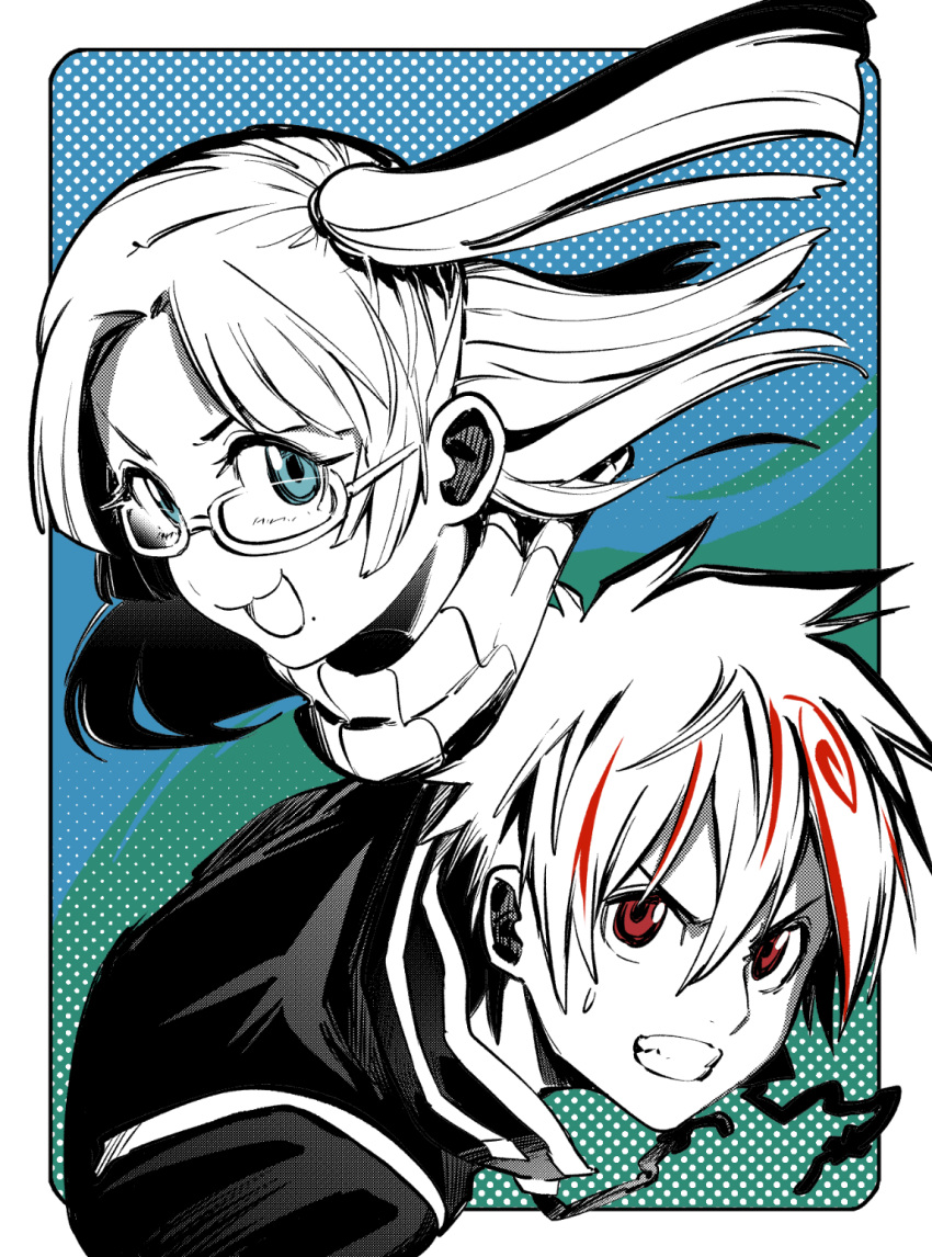 1boy, 1girl, :3, blue_background, border, clenched_teeth, close-up, copyright_name