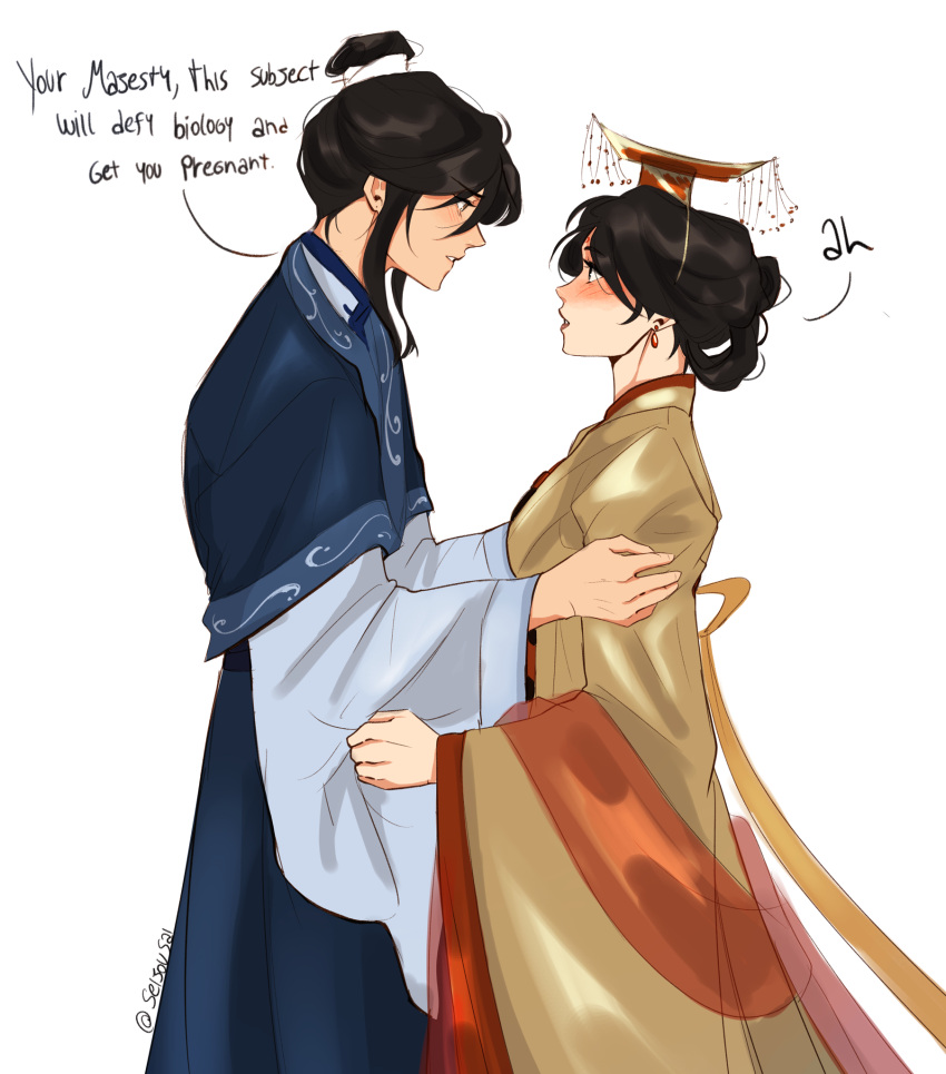 2girls, artist_name, black_hair, blue_hanfu, blush, chinese_clothes, commentary, earrings