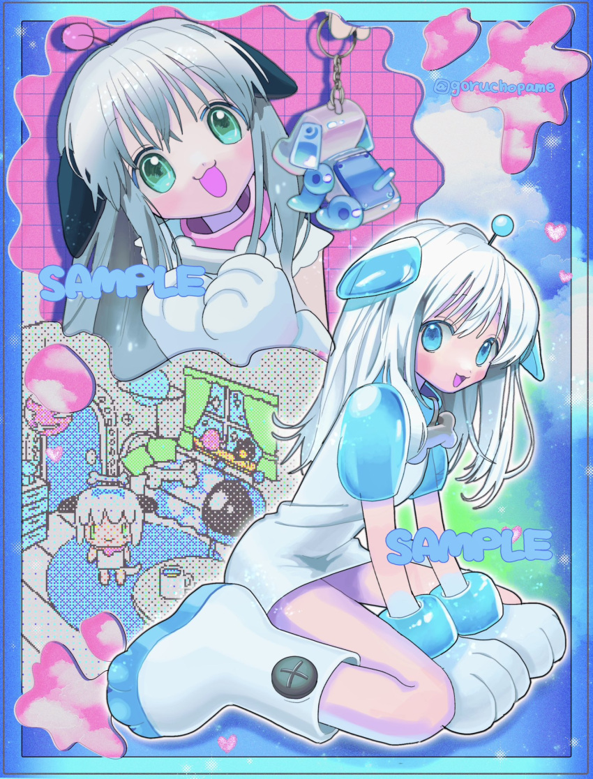 1girl, 2000s_(style), animal_ears, animal_hands, blue_eyes, blush, bone, boots