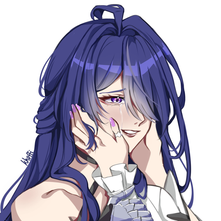 2girls, acheron_(honkai:_star_rail), ahoge, bare_shoulders, black_gloves, crying, english_commentary, gloves, hair_over_one_eye, half-closed_eye, hand_on_another's_face, highres, holding_another's_wrist, honkai:_star_rail, honkai_(series), honkai_impact_3rd, khuffi, kiana_kaslana, long_hair, multicolored_hair, multiple_girls, pink_nails, purple_hair, red_lips, signature, smile, thumb_ring, upper_body, violet_eyes, white_background, yuri