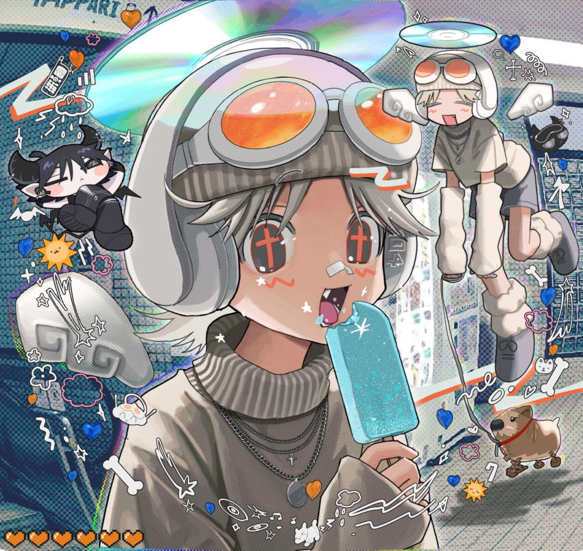 104_(yappari), 2000s_(style), 2boys, 666_(yappari), angel, angel_wings, beanie, black_hair