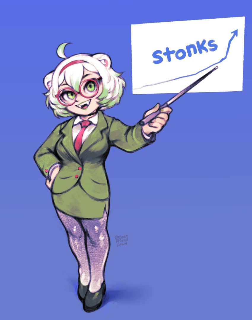 1girl, animal_ears, arrow_(symbol), bestfriendforever, blue_background, breasts, business, business_suit
