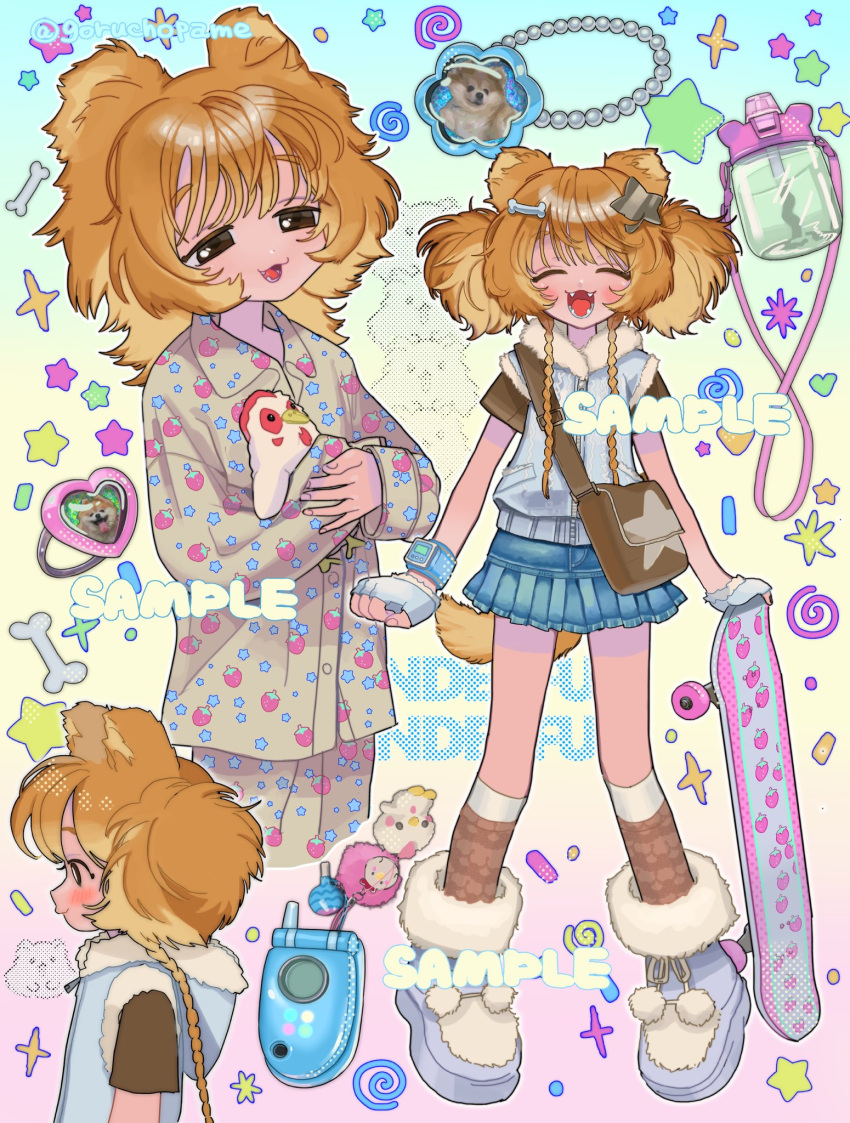 1girl, :3, animal_ears, bag, blonde_hair, blush, braid, cellphone