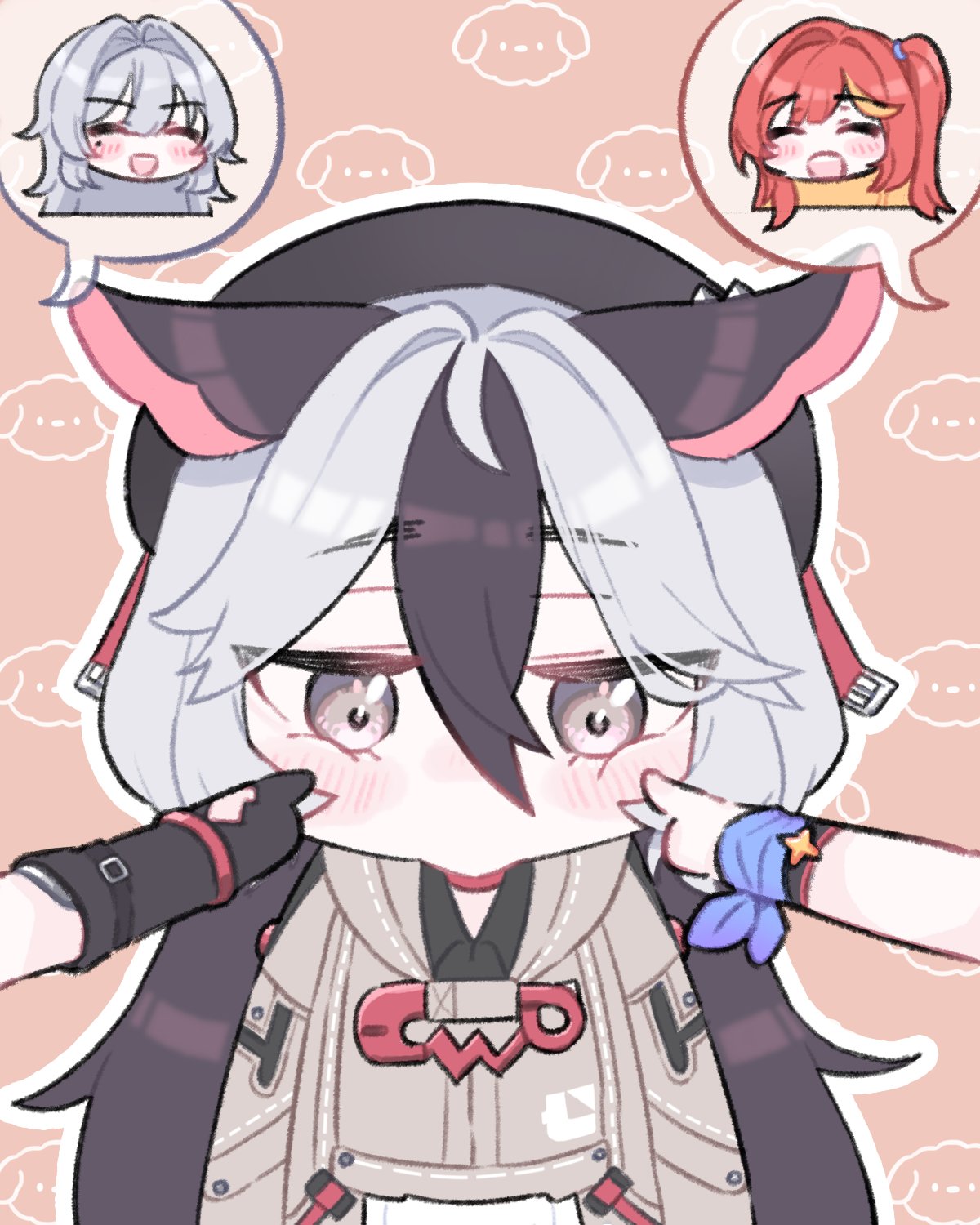 3girls, :d, ^_^, animal_ears, arm_ribbon, beret, black_gloves, black_hair