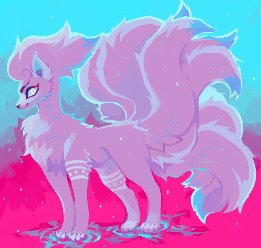 abstract_background, alolan_ninetales, alternate_form, animal_focus, artist_name, blue_background, blue_sclera, closed_mouth