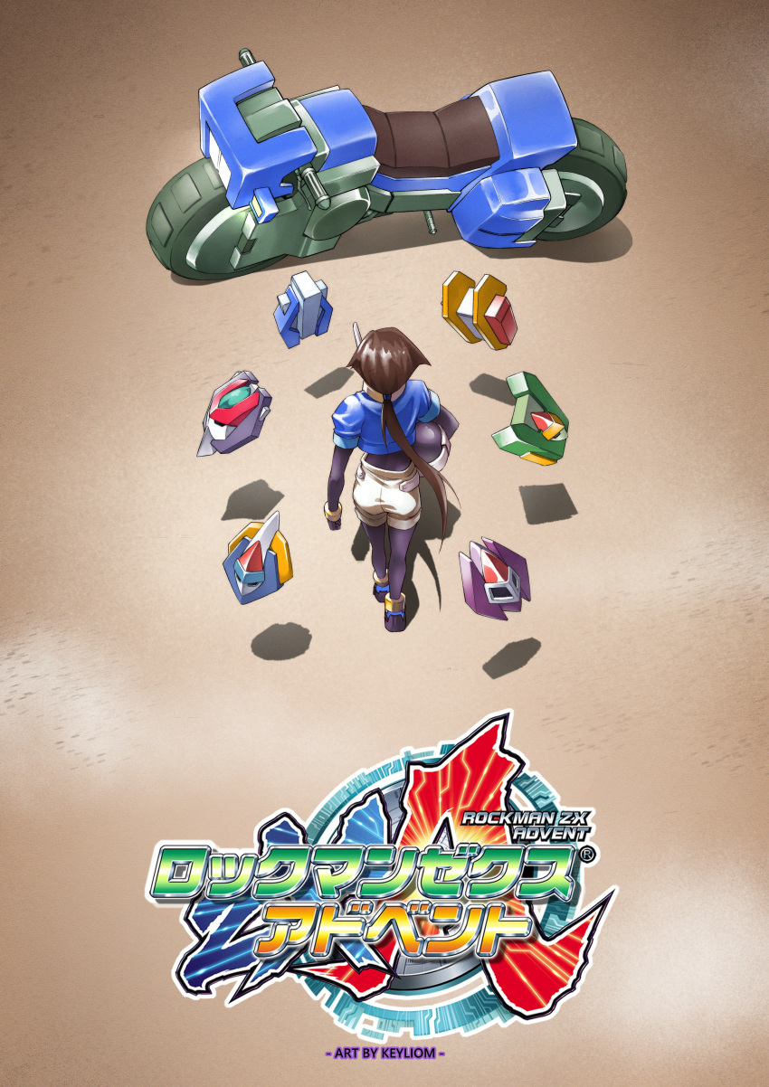 1girl, absurdres, aile_(mega_man_zx), akira_(manga), akira_movie_poster, biometal, black_bodysuit, blue_jacket