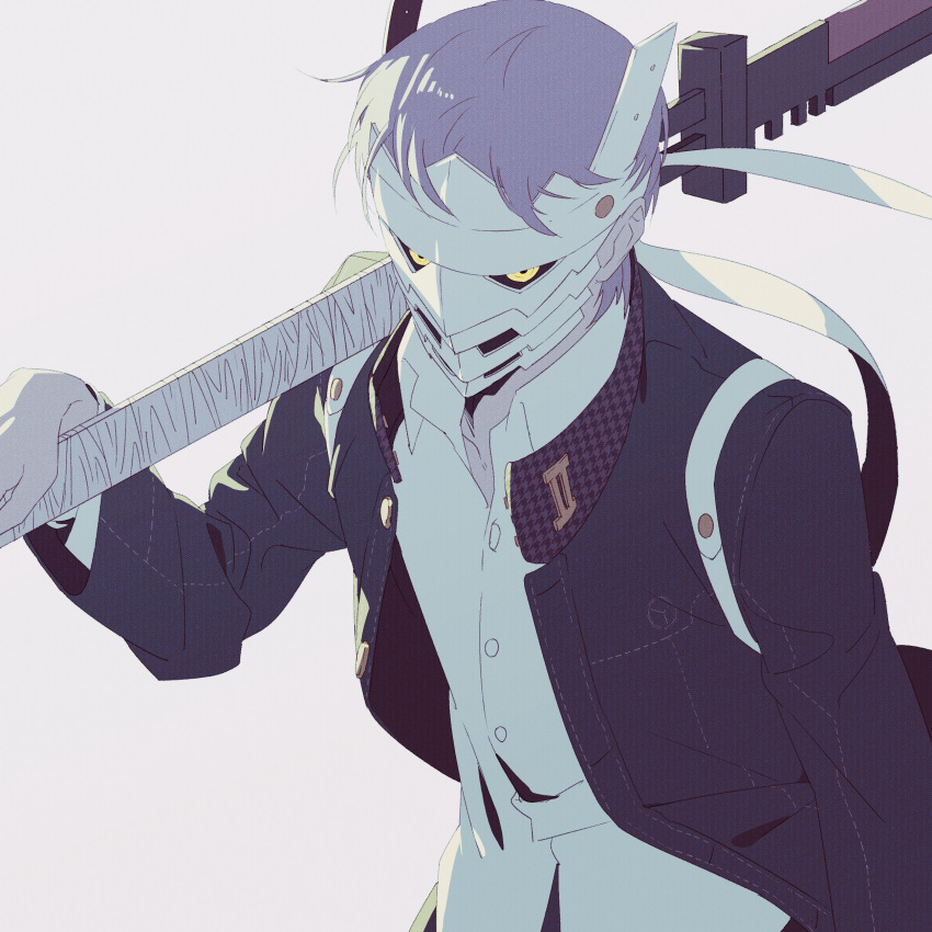 1boy, absurdres, arm_up, black_jacket, black_sclera, buttons, collared_jacket, collared_shirt