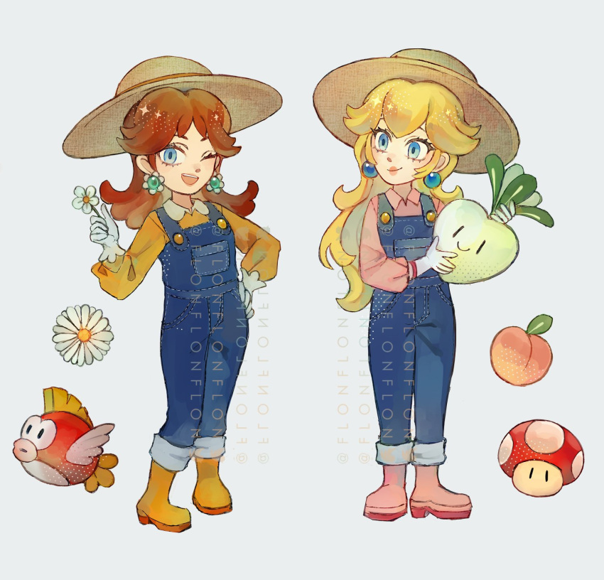 2girls, blonde_hair, blue_eyes, blue_overalls, brown_hair, cheep_cheep, collared_shirt, daisy