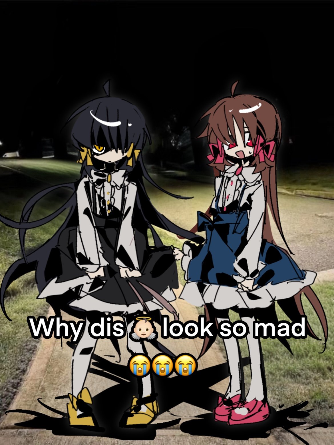 ahoge, angry, black_hair, black_skirt, blue_skirt, bow, bowtie, brown_hair