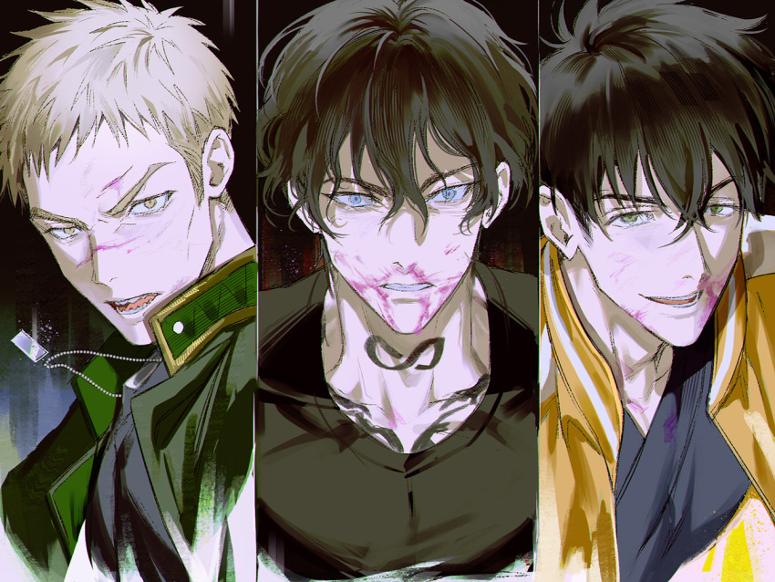 3boys, 77ho, black_hair, blonde_hair, blue_eyes, green_jacket, jacket, japanese_clothes