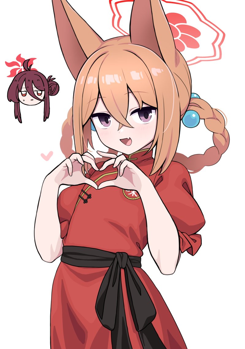 2girls, animal_ears, antenna_hair, black_sash, blue_archive, braid, braided_hair_rings, chibi