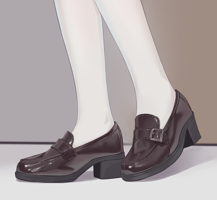 1girl, brown_footwear, highres, leg_only, leg_up, legs, original, qaq_baiguang, shadow, shoe_dangle, shoes, thigh-highs, white_thighhighs
