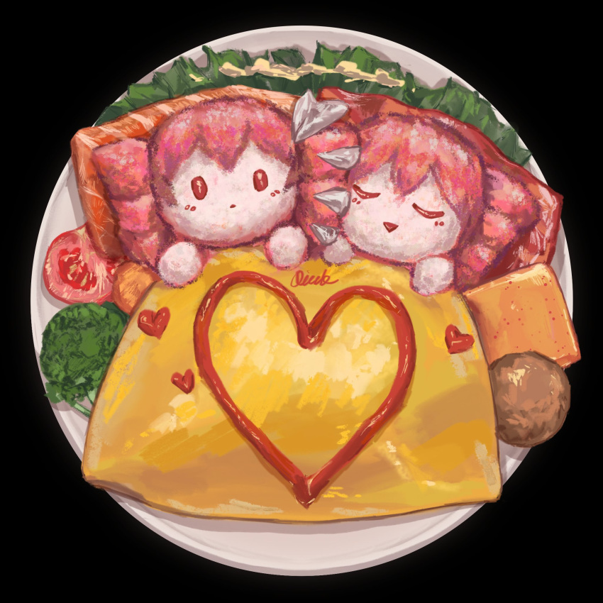 broccoli, closed_eyes, drill_hair, fish_(food), food, food_art, food_focus, from_above, heart, highres, kasane_teto, kasane_teto_(sv), ketchup, kyaraben, lettuce, looking_at_viewer, omelet, omurice, open_mouth, photo-referenced, plate, qiu-k_(qiukkon), red_eyes, redhead, shared_blanket, signature, sleeping, synthesizer_v, tomato, tomato_slice, twin_drills, under_covers, utau