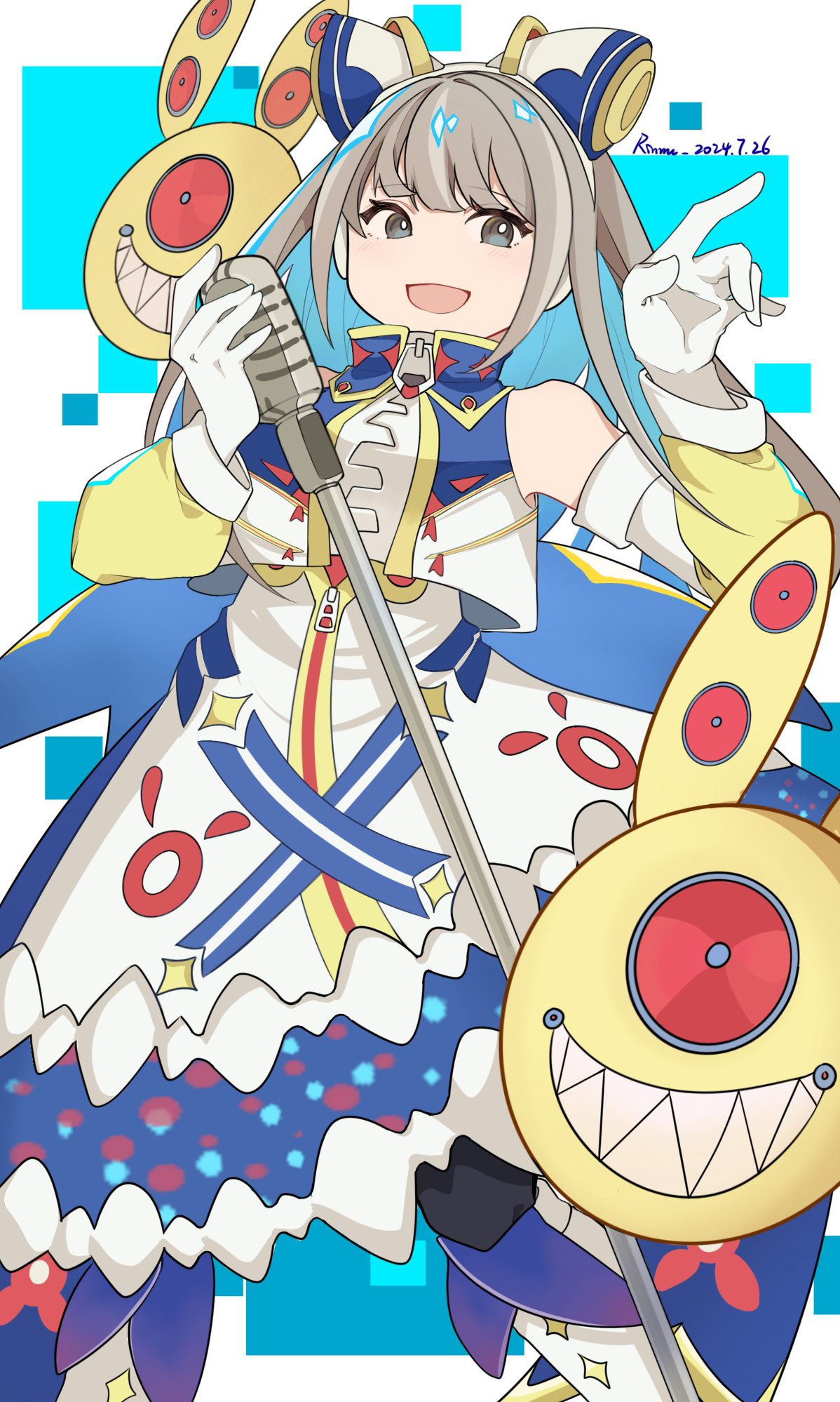 1girl, blush, colored_inner_hair, commentary, cowboy_shot, dress, english_commentary, grey_eyes, grey_hair, hardcore_tano_c, highres, holding, holding_microphone, irregular_nation, irrena, long_hair, looking_at_viewer, mascot, microphone, multicolored_hair, non-humanoid_robot, open_mouth, rinmu1030, robot, smile, solo, speaker, white_dress, zipper