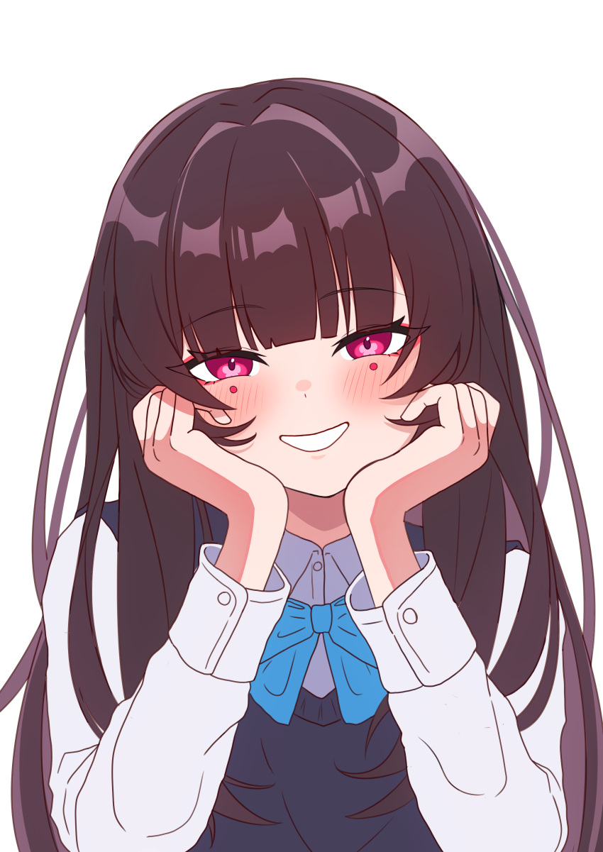 1girl, absurdres, blazer, blue_ribbon, brown_hair, collared_shirt, hair_down, hair_ornament