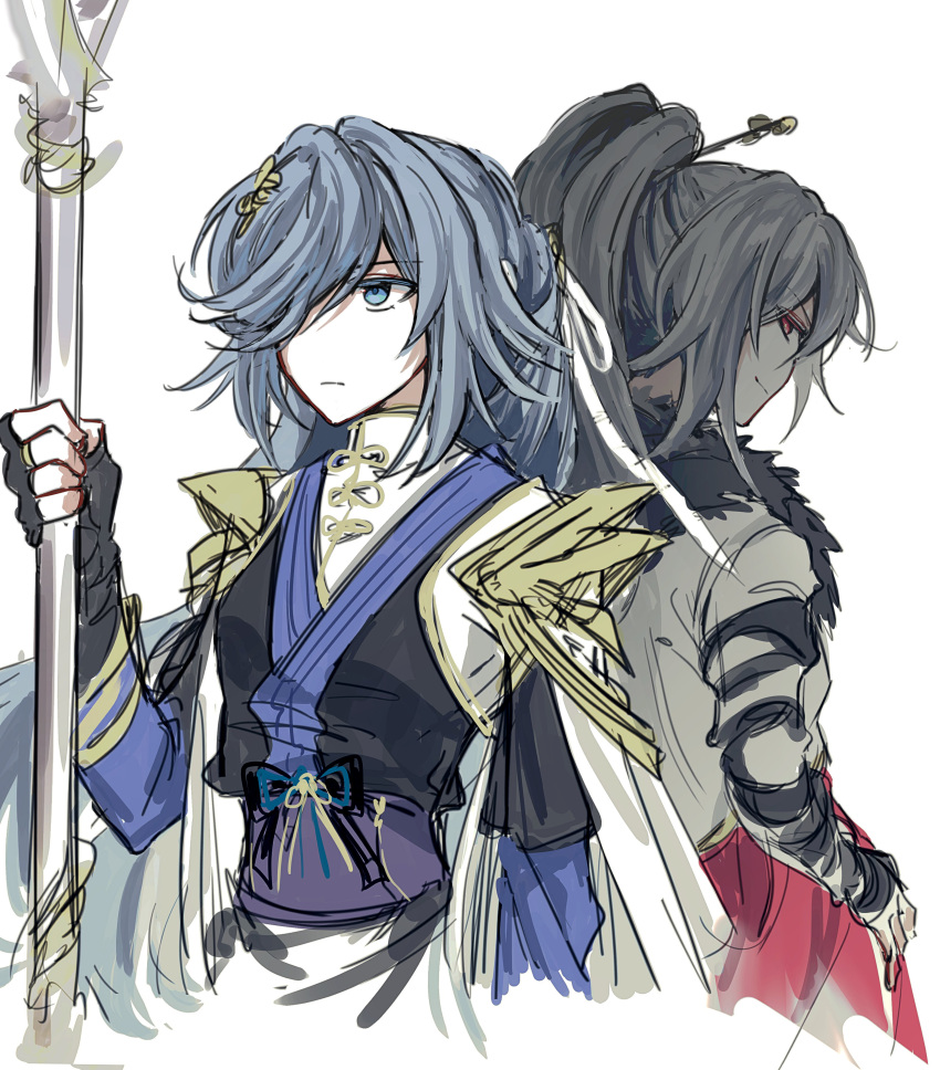 2girls, absurdres, alternate_costume, blue_eyes, chinese_clothes, commentary, english_commentary, fu_hua