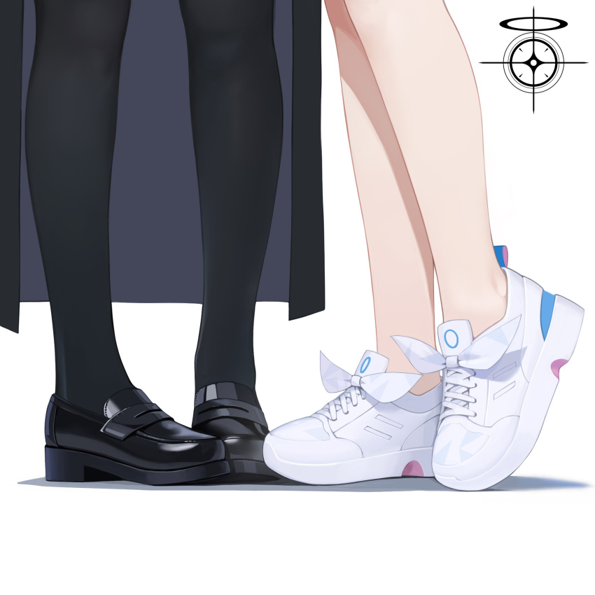 2girls, arona_(blue_archive), black_coat, black_footwear, black_pantyhose, blue_archive, close-up, coat, commentary, cross-laced_footwear, english_commentary, footwear_focus, footwear_ribbon, highres, loafers, lower_body, multiple_girls, pantyhose, plana_(blue_archive), ribbon, schale_logo, shadow, shoes, simple_background, sneakers, ttt_(5274293), white_background, white_footwear, white_ribbon