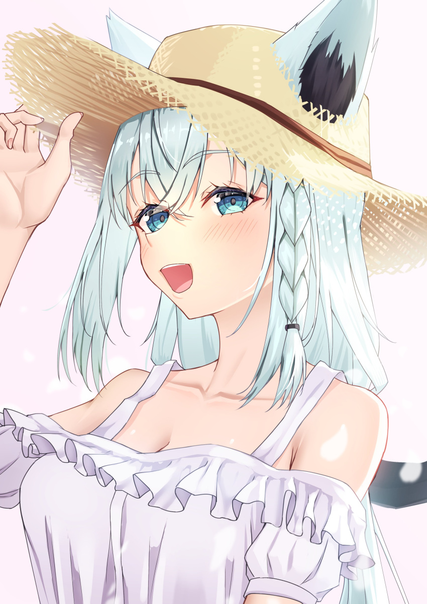 1girl, absurdres, ahoge, alternate_costume, animal_ear_fluff, animal_ears, aqua_eyes, bare_shoulders