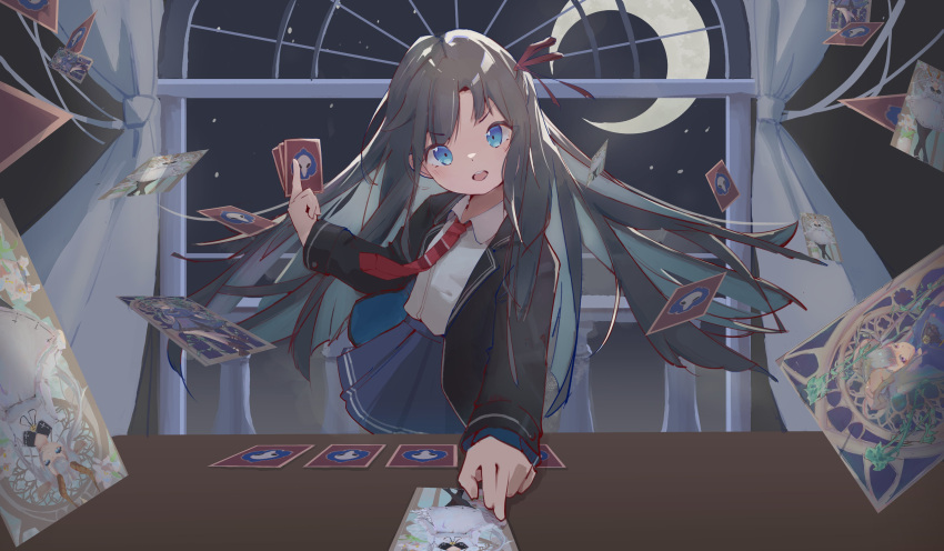 1girl, absurdres, black_hair, black_jacket, blazer, blue_eyes, blue_skirt, blush