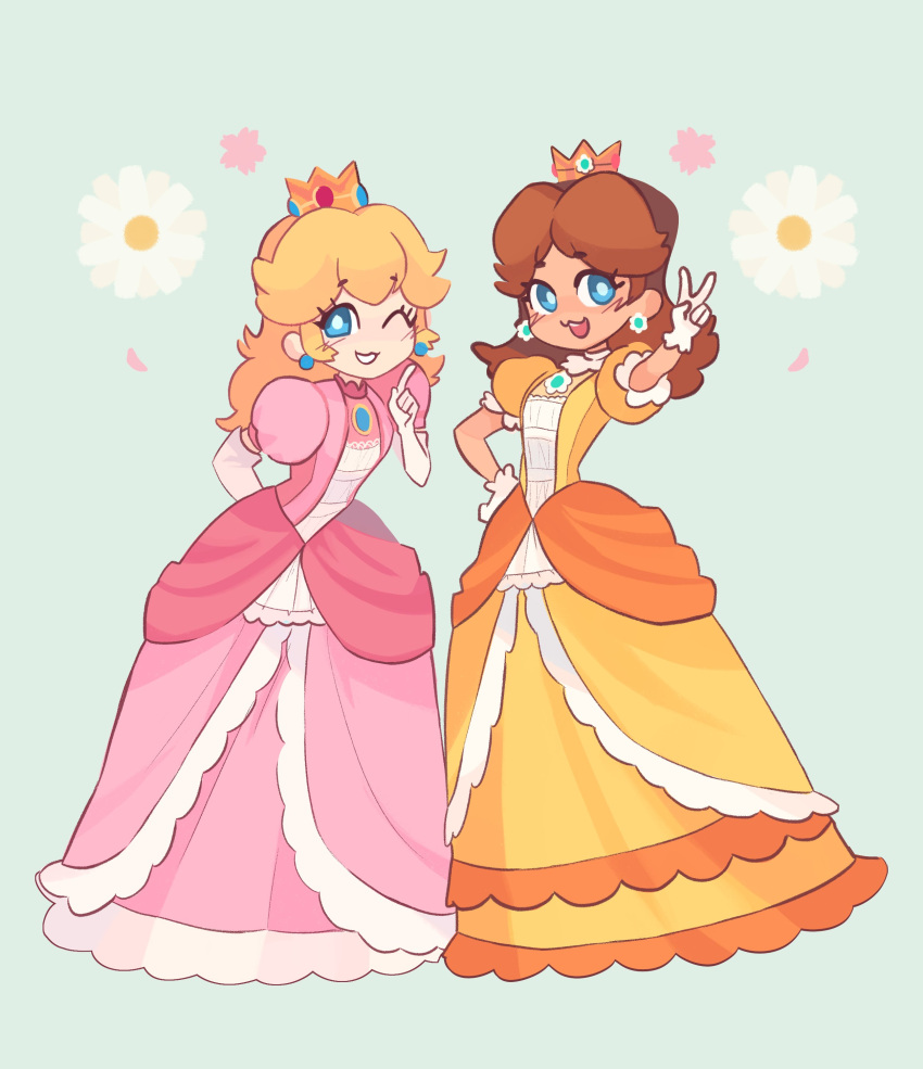 2girls, absurdres, blonde_hair, brown_hair, crown, daisy, dress, earrings