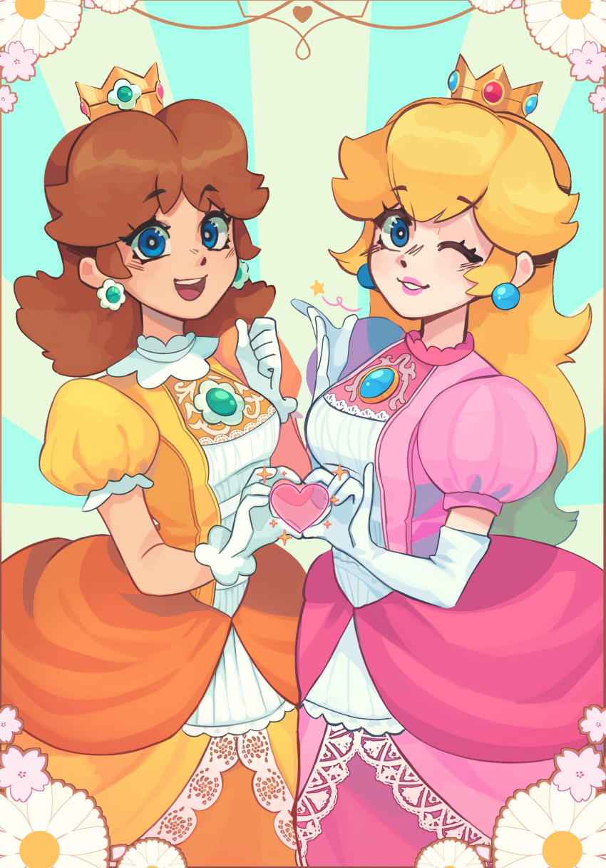 2girls, absurdres, blonde_hair, blue_eyes, brown_hair, crown, daisy, dress