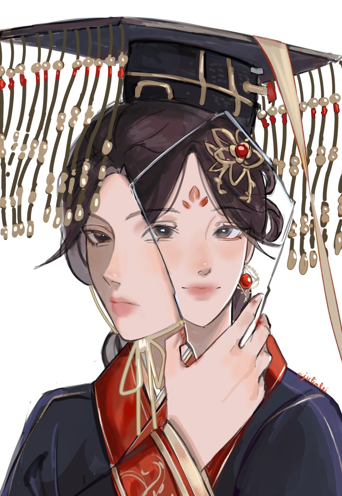 1girl, black_eyes, black_hair, black_hanfu, broken_mided_mirrors, chinese_clothes, commentary, english_commentary