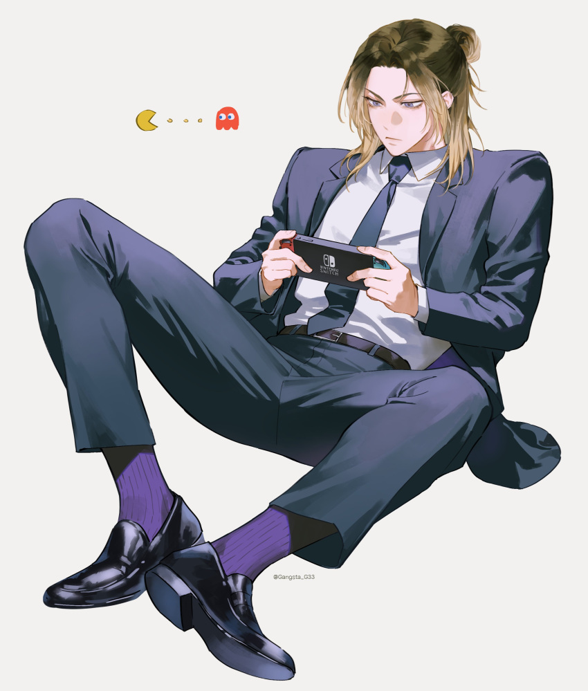 1boy, absurdres, belt, black_belt, black_footwear, black_hair, black_jacket, black_necktie