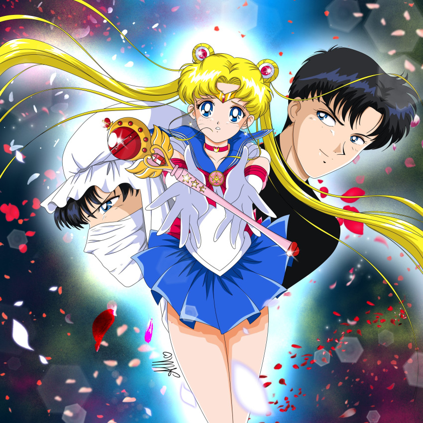 1boy, 1girl, anello81, bishoujo_senshi_sailor_moon, bishoujo_senshi_sailor_moon_r, black_shirt, blonde_hair, blue_eyes