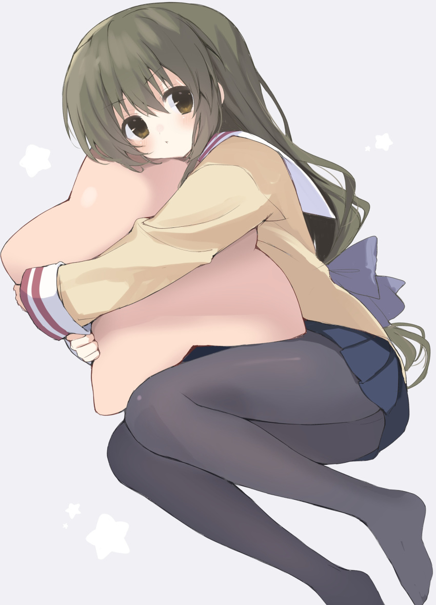 1girl, :<, absurdres, black_pantyhose, blazer, blue_skirt, blush, bow, brown_eyes, brown_hair, clannad, closed_mouth, commentary, dutch_angle, foot_out_of_frame, frown, grey_background, hair_between_eyes, hair_bow, highres, hikarizaka_private_high_school_uniform, hugging_object, ibuki_fuuko, jacket, knees_together_feet_apart, knees_up, long_hair, looking_at_viewer, low-tied_long_hair, lying, miniskirt, no_shoes, on_side, pantyhose, pleated_skirt, purple_bow, sailor_collar, school_uniform, serafuku, simple_background, skirt, sleeves_past_wrists, solo, star_(symbol), stuffed_star, takepoison, v-shaped_eyebrows, very_long_hair, white_sailor_collar, yellow_jacket