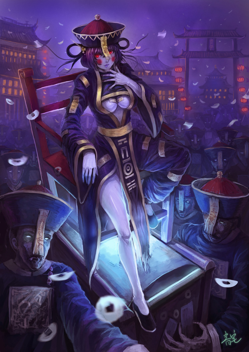 blue_skin, breasts, capcom, carrying, center_opening, geung_si, glowing, hat, jiang_shi, jiangshi, lantern, lei_lei, night, ofuda, oto_taku, purple_hair, red_eyes, torii, underboob, vampire_(game), yinzhai