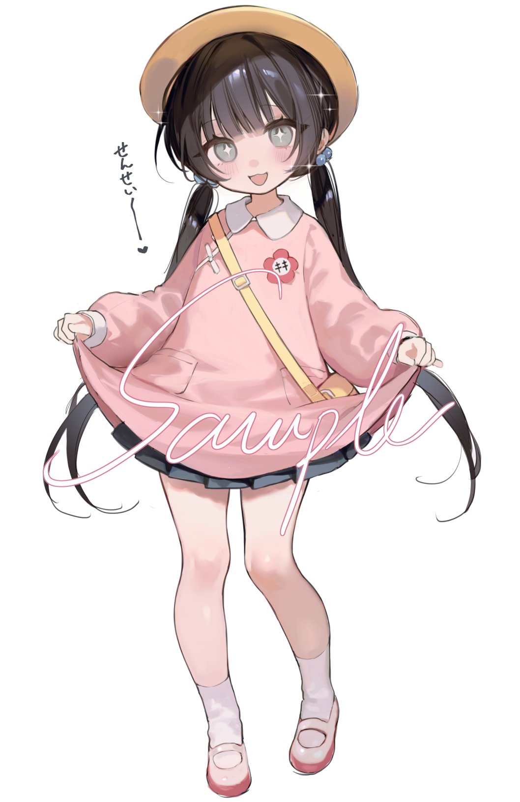 :d, aged_down, bag, bare_legs, black_hair, blue_archive, blue_skirt, blush