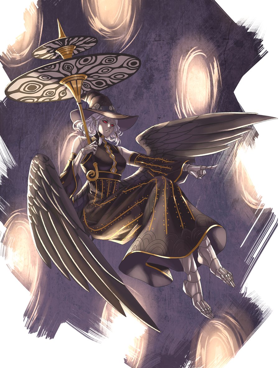 1girl, agrat_bat_mahlat_(megami_tensei), black_hat, black_wings, colored_sclera, colored_skin, detached_sleeves, dress