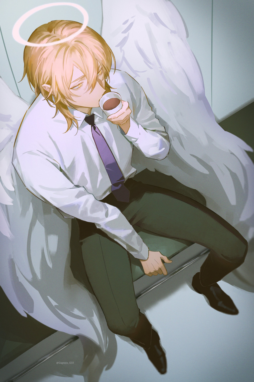 1boy, absurdres, angel, angel_wings, black_footwear, black_pants, blonde_hair, coffee, collared_shirt, cup, double-parted_bangs, drink, expressionless, from_above, full_body, gang_g, hair_between_eyes, halo, hand_on_bench, highres, holding, holding_cup, indoors, male_focus, medium_hair, necktie, on_bench, original, pants, purple_necktie, shirt, sitting, solo, white_shirt, wings, yellow_eyes