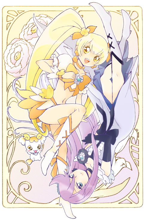 art_nouveau, artist_request, blonde_hair, blue_eyes, boots, bow, cure_moonlight, cure_sunshine