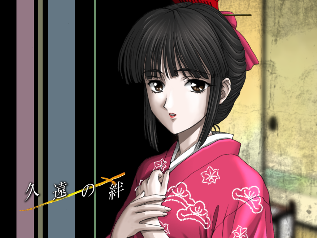 1girl, artist_request, black_hair, bow, brown_eyes, closed_mouth, copyright_name, eyelashes